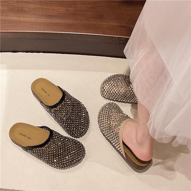 Scarpe Leggere a Punta Tonda Sandali Bassi Grandi con Strass
