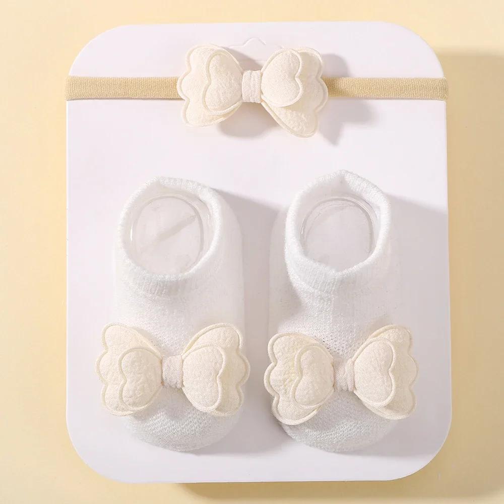 0-1Y Babe Soft Socks Headband Sets Solid Cotton Girls Breathable Socks Cute Bows for Infant Little Girl Clothing Accessories