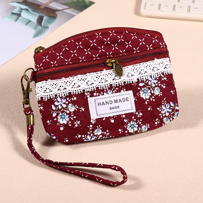 Ethnic Style Handbag  Fabric Money Pouch  Key Bag  Wrist Strap with Two Zippers  Hand-held Bag