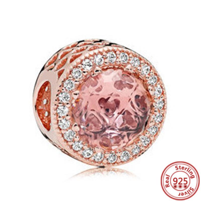 

Лидер продаж, серия из розового золота, розовый циркон, листья, кулон в форме сердца, сверкающий зажим, бусина, подходит для браслета, DIY S925, серебряные украшения