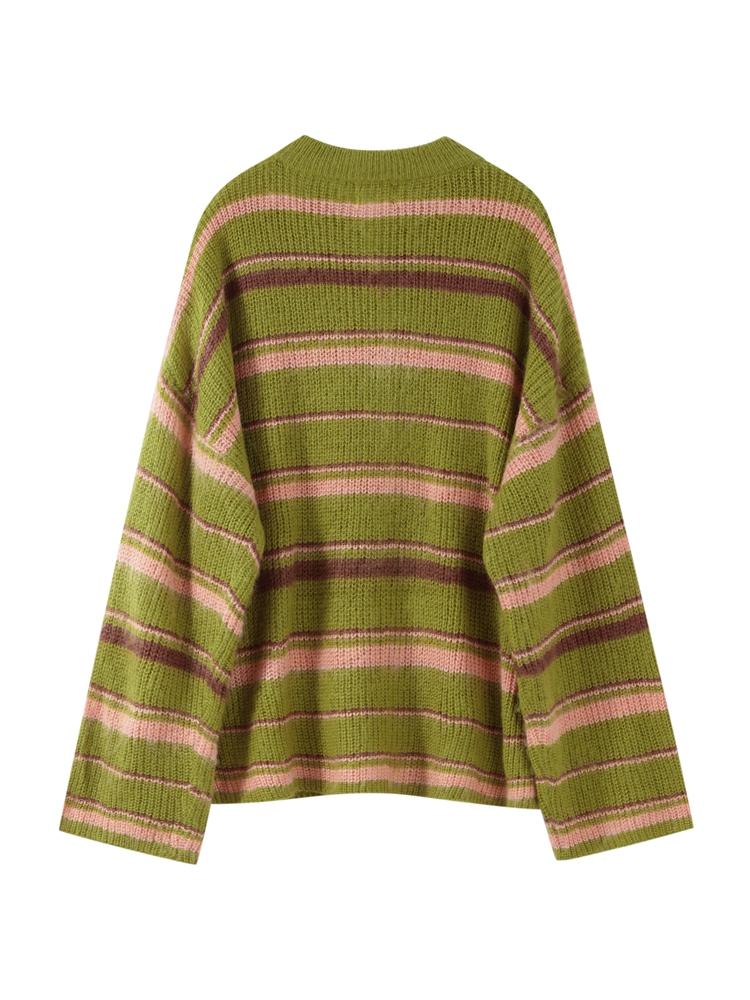 Damen Gestreifter Strick-Cardigan mit Knöpfen Damen Grüner Pullover Cardigan Täglicher Pendelpullover Lockere Strickjacke Herbst und Winter