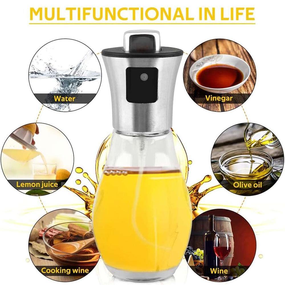 200ML Stainless Steel Spray Bottle Transparent Glass Press Type Oil Bottle Food Grade Portable Barbecue Air Frying Pan Baking