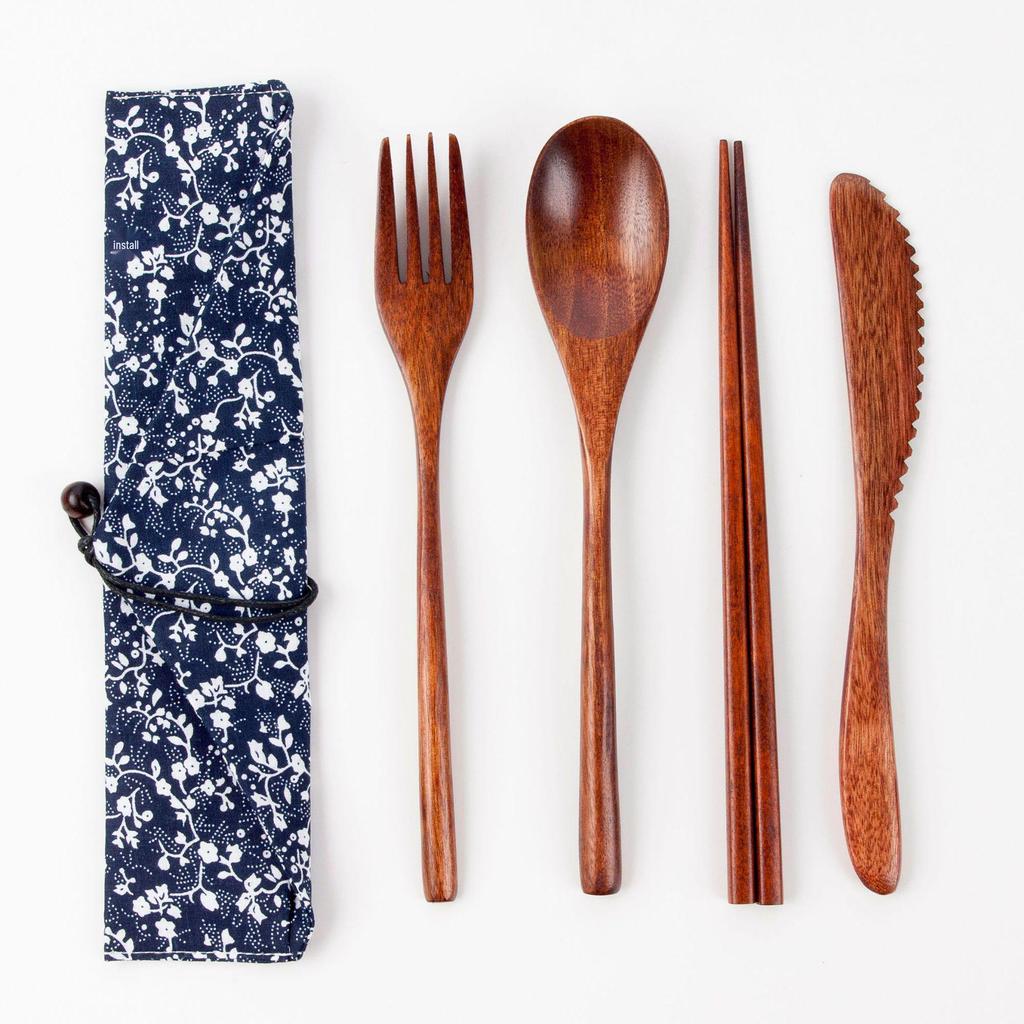 Japanese Wooden Portable Tableware Set: Long-Handled Spoon, Fork, and Chopsticks - Korean Style Three-Piece Set for Outdoor Use.