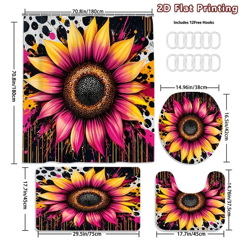 4Pcs Sunflower Art Shower Curtain Set with Non-Slip Bath Mat, Toilet Lid Cover, Contour Rug & 12 Hooks, Bathroom Decor