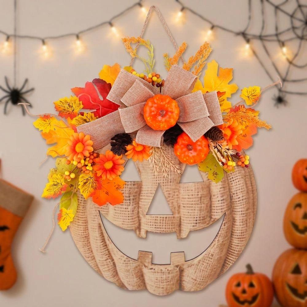 With Bow Halloween Wooden Pumpkin Door Hanger Harvest Maple Leaf Hanging Plaque Autumn Harvest