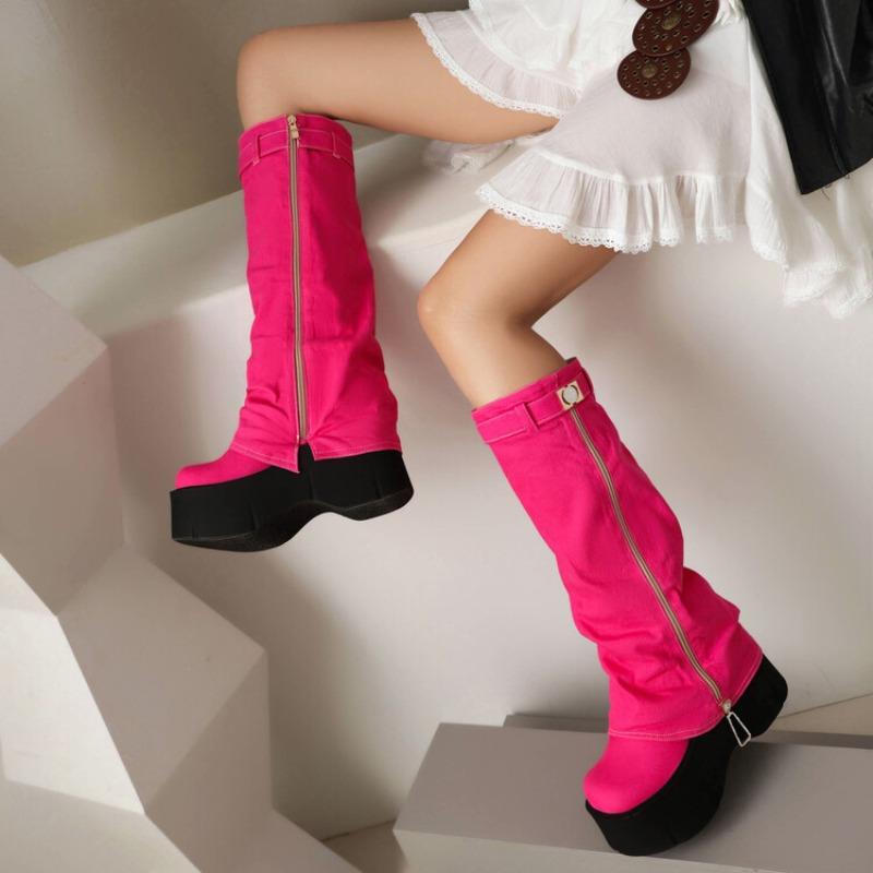 Blue Denim Riveted Women Motorcycle Boots Belt Buckle Design 9cm Thick Heel Knight Knee High Boots European American Style 43