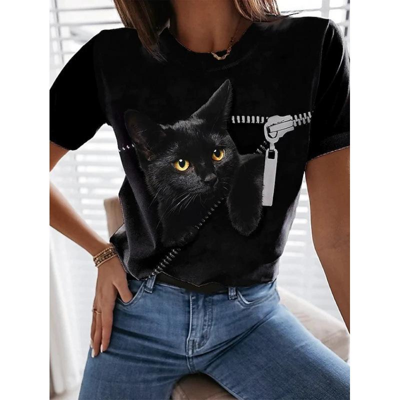 Sommer Rundhals 3D Katzenprint Top Modische Lässige Kurzarm Damen T-Shirts
