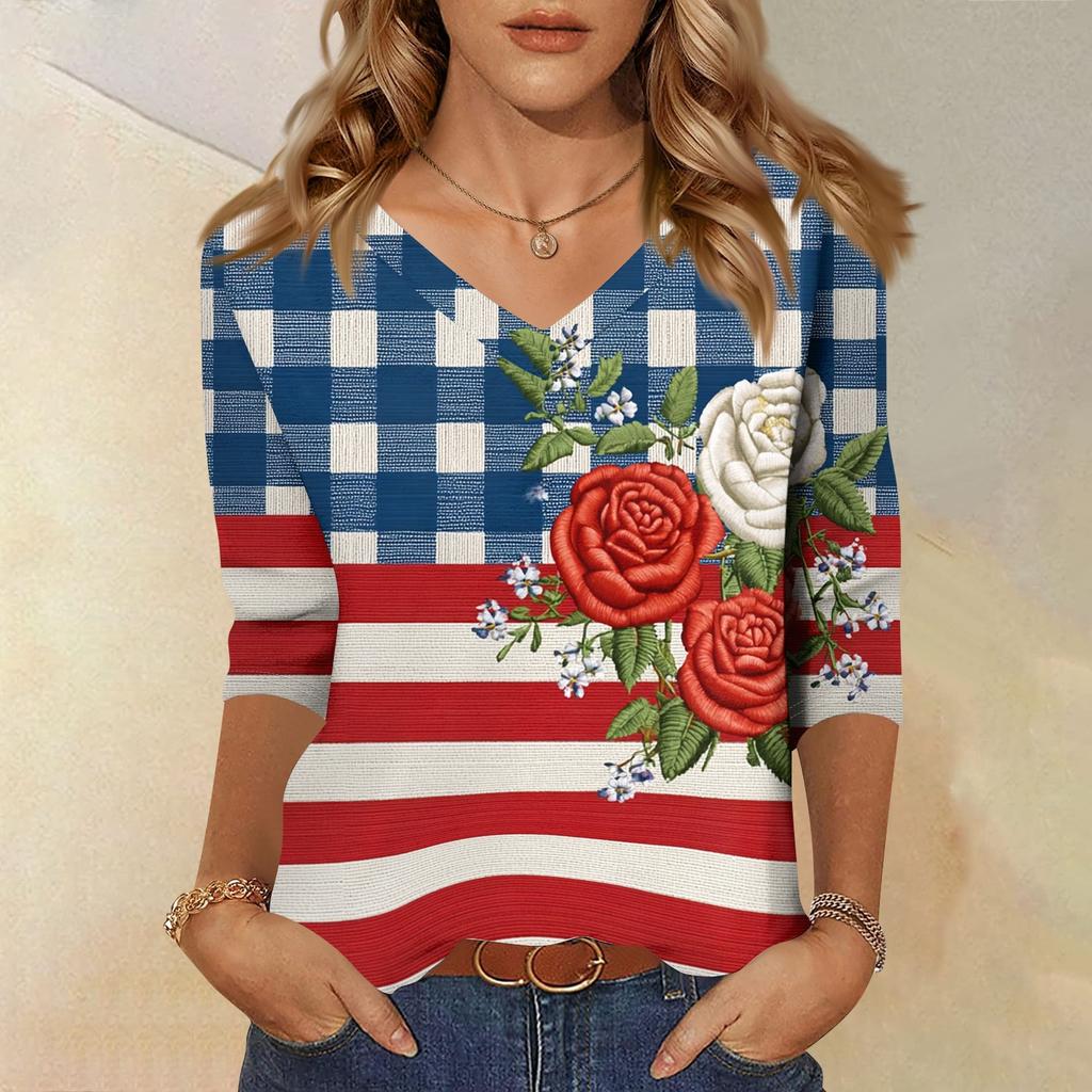 Womens V Neck Shirt 3 4 Sleeve Casual Loose Fit Floral Print Blouse Lightweight Comfortable Top for Everyday Wear