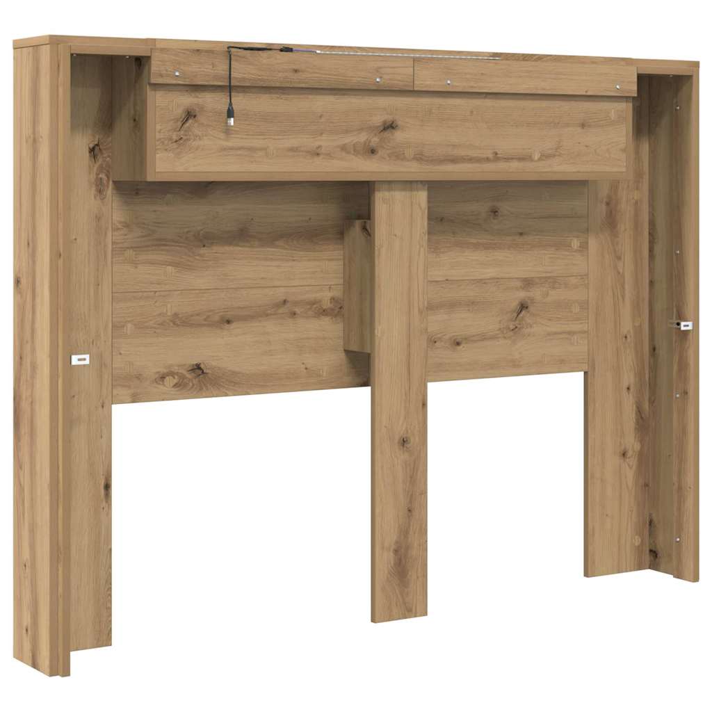 Storage Headboard with LED Artisan Oak Wood Material