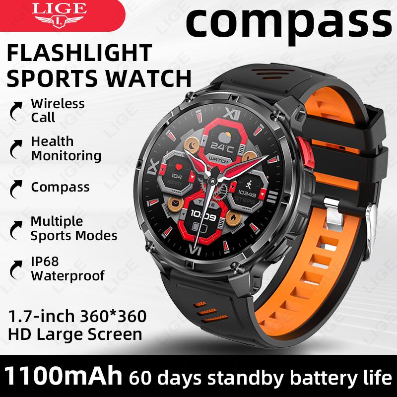 New Military Smart Watch 1100mAh Battery Compass LED Flashlight Men Outdoor Sport Watches Bluetooth Call 1.7" HD Smartwatch