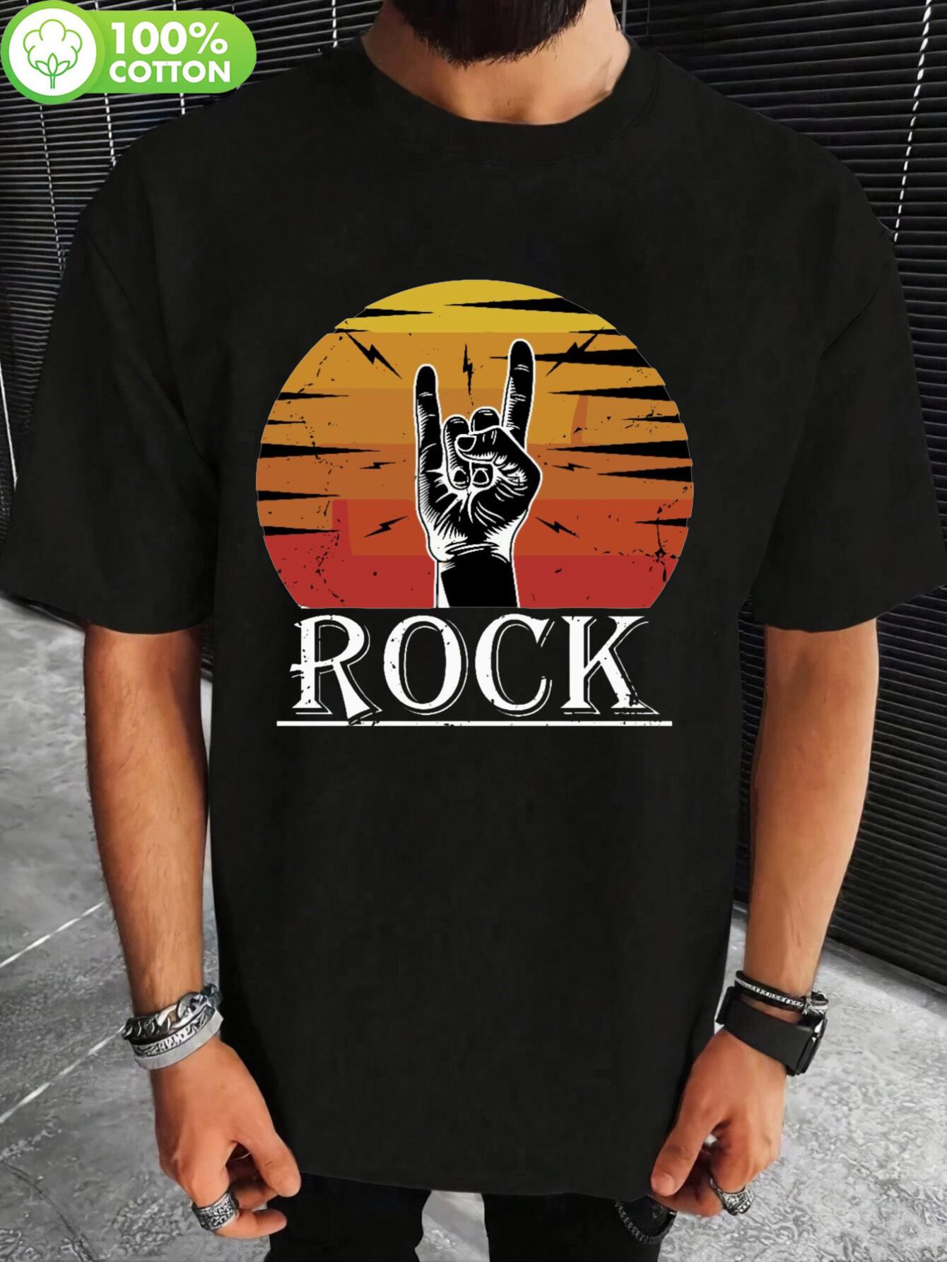 Vintage Rock Graphic T-shirt - 100% Cotton Relaxed Fit Tee with Bold ROCK Print & Hand Gestures XXXL