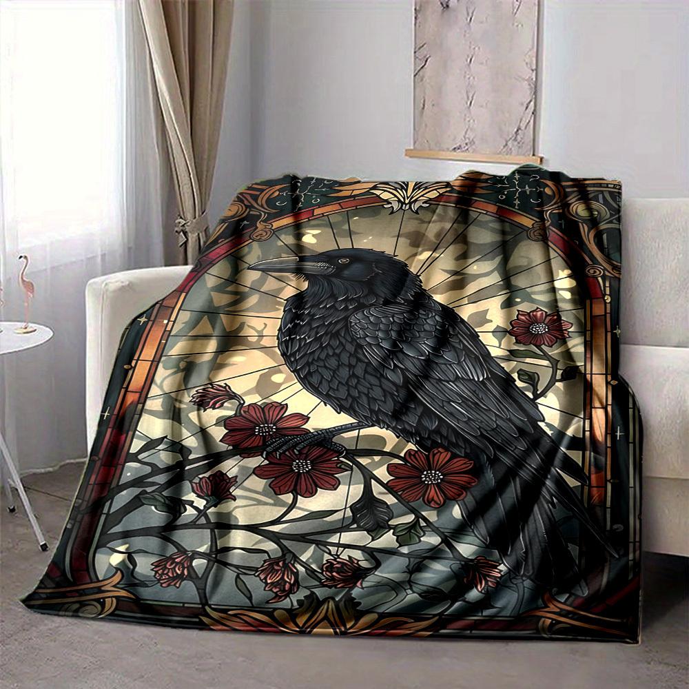 1pc Stained Glass Raven Blanket - Lightweight Flannel Fleece with Digital Printing, Soft Warm for Sofa, Travel, Camping, Office yy251018314