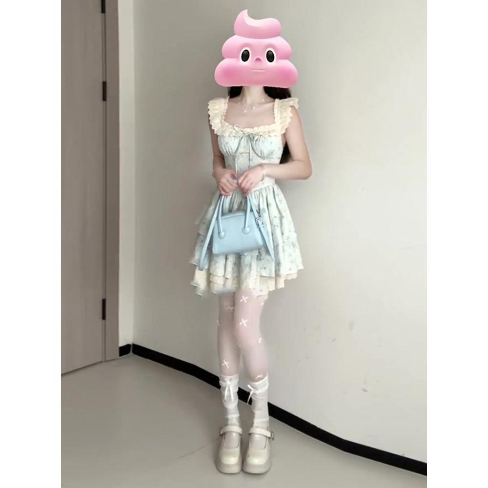 French small flying sleeves lace splicing floral waist high design girl dress waist thin princess dress