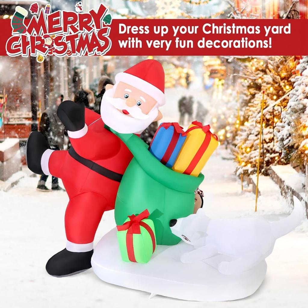 7FT/2.1M Inflatable Santa Claus Leaning on Gift Bag with White Dog, Outdoor Yard Decor