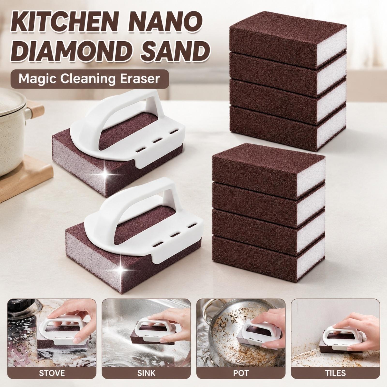 Nano Emery Cleaning Sponge with Handle for Kitchen Household Use Multipurpose Scrubbing Pad for Stubborn Stains Removal Non Scratch Surface One Size белый
