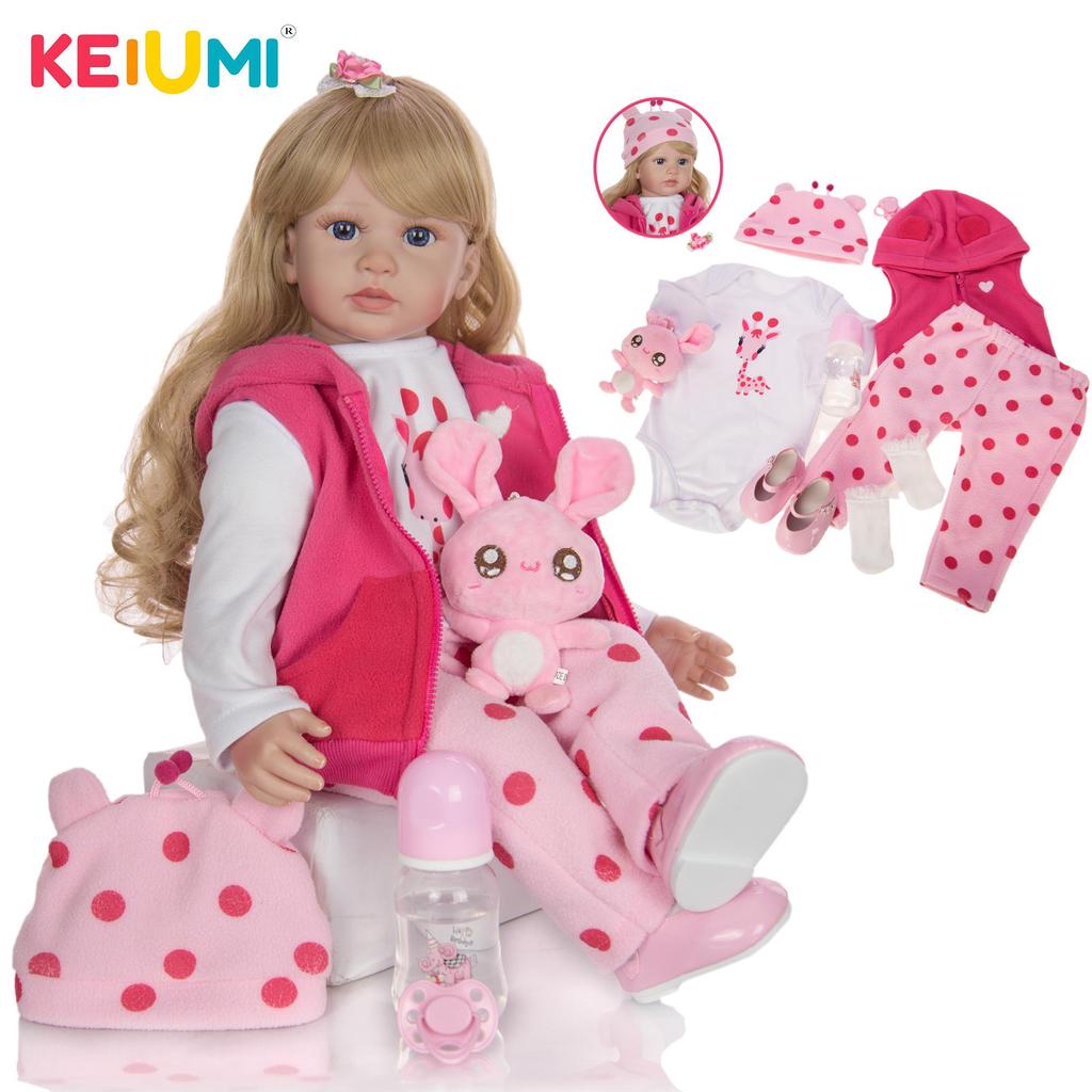 KEIUMI Cute 60 cm Reborn Dolls Cloth Body Baby Touch Soft Newborn Babies Doll Gold Curls Kids Playmates Girl Chrismtas Birthday Gifts
