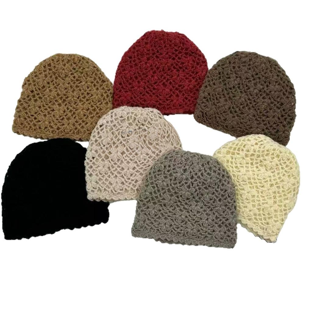 Double-layer handmade crochet hollow bag hat female elegant versatile knitted pullover hat autumn and winter breathable travel cold hat