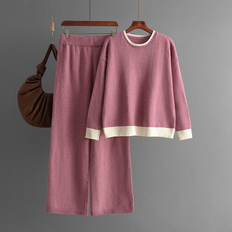 GMXIA Autumn and Winter Style Contrasting Color Round-neck Knitted Sweater Slimming Wide-leg Pants Two-piece Set for Women
