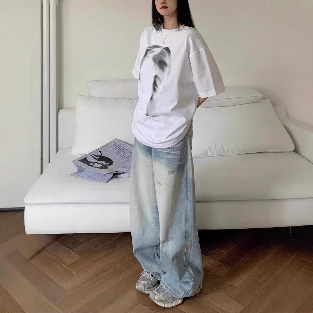 

Light Blue Women s High Waist Distressed Straight Leg Jeans - Loose Summer Fit L