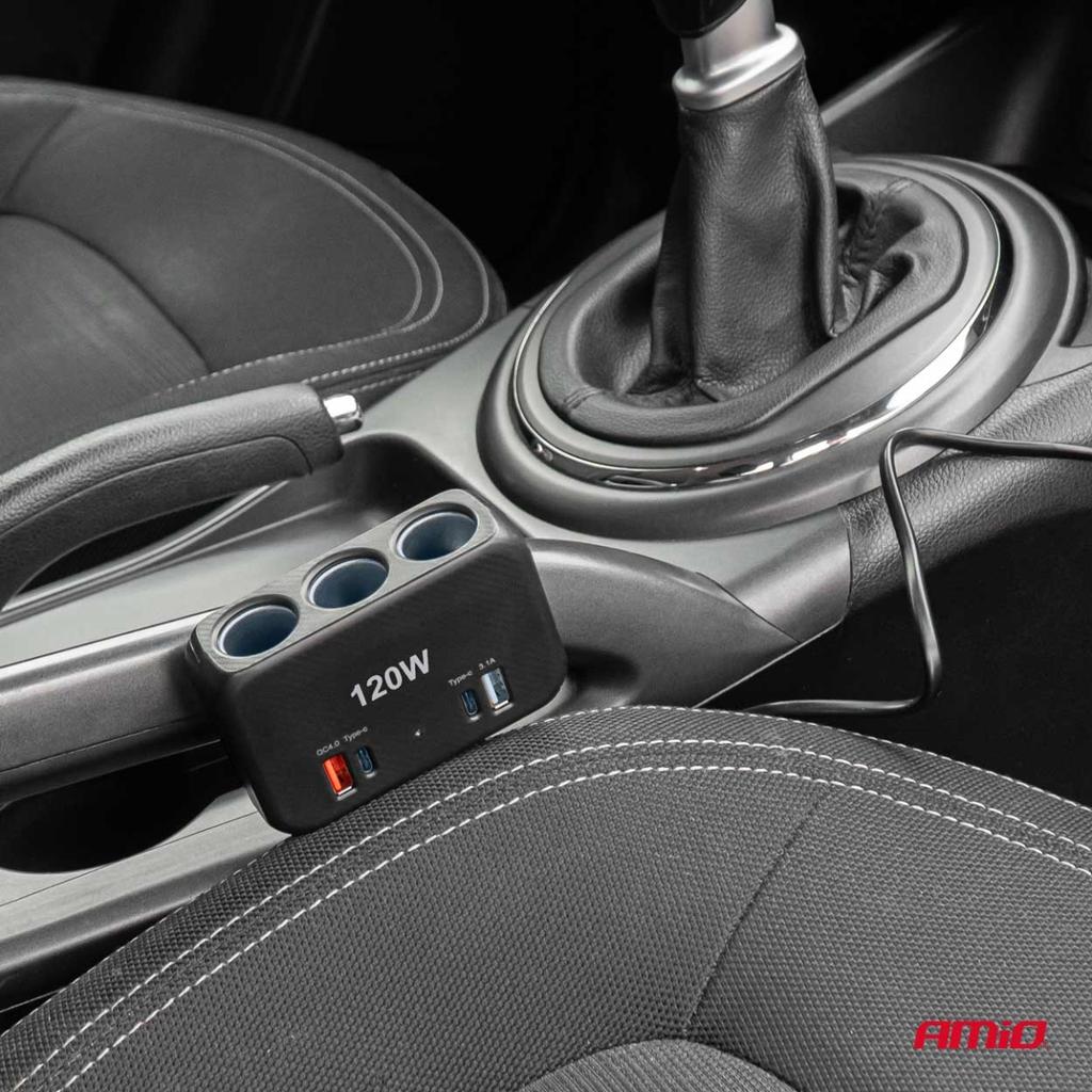 Cigarette lighter socket splitter with charger 2x USB-A 1x USB-C QC4.0 12V 24V 120W 80cm AMIO-04366