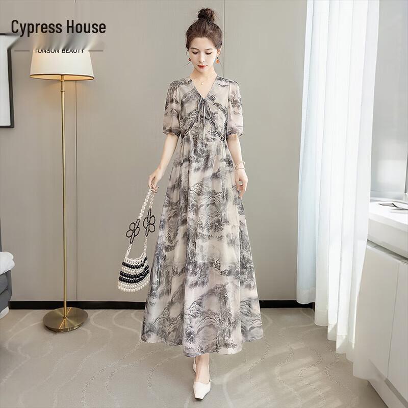 Women s Elegant V-Neck High-Waist Print Maxi Dress S