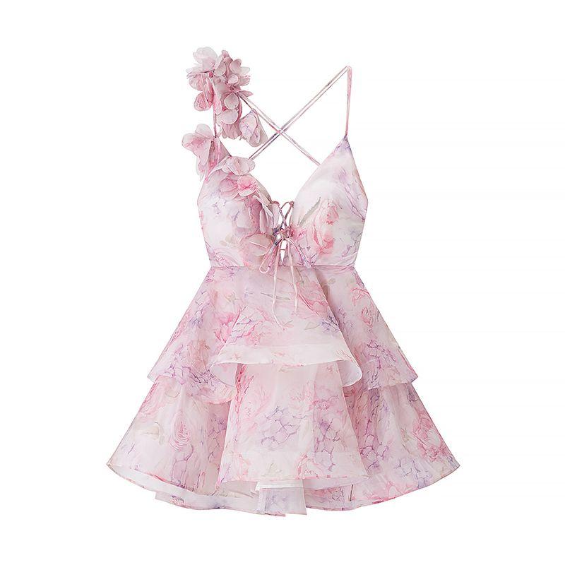 Zbzr Spring New Women clothes Western Style Three-Dimensional Flower Decoration Waist Hugging Temperament Sling Dress Short dress Sexy