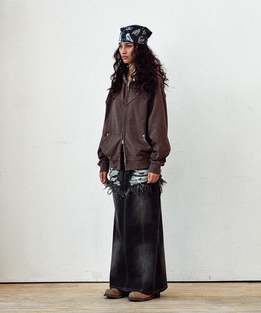 Thevinylhouse Dyed Hoodie Zip-Up Brown