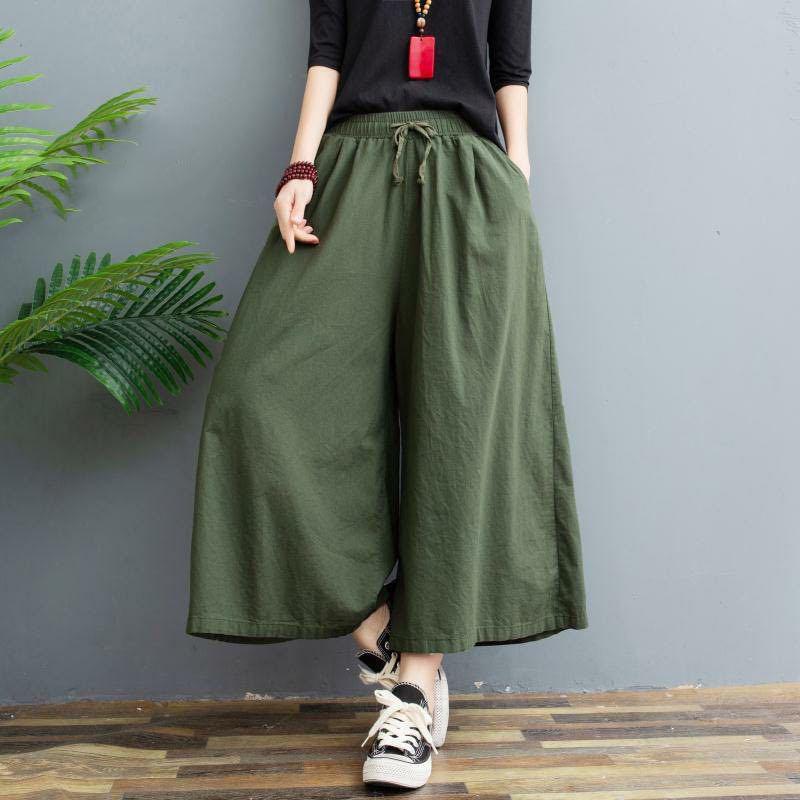 Women's Plus Size Cotton Linen Wide Leg Summer Pants Loose Casual Vintage Thin Nine Points Culottes Free Shipping
