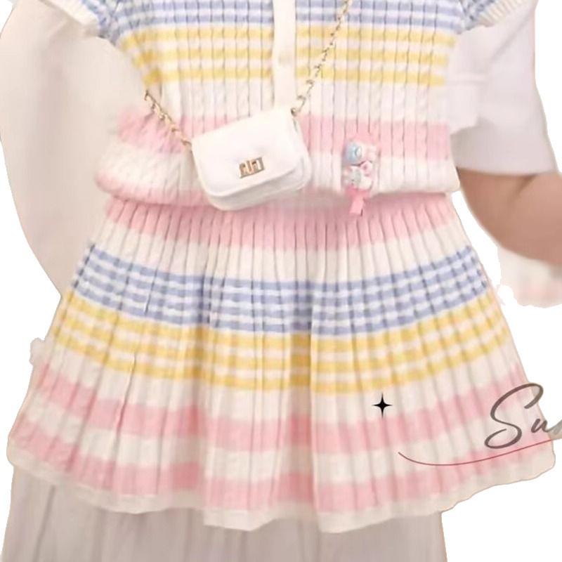 Korean Style Cute Girls' Summer Skirt Set - Short Sleeve & Striped Short Skirt Two-Piece