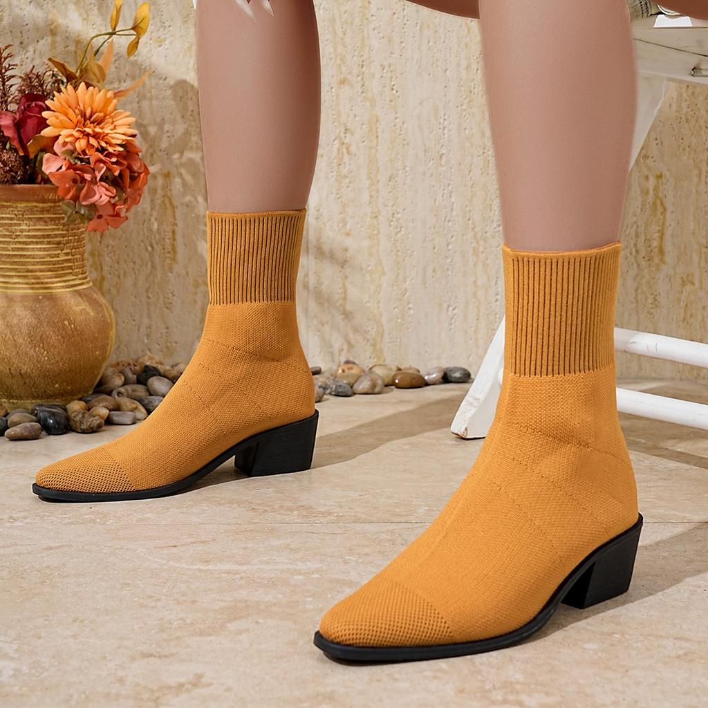 Single boot elastic thick heel slim boots knitted socks boots black square toe high heels short boots for women