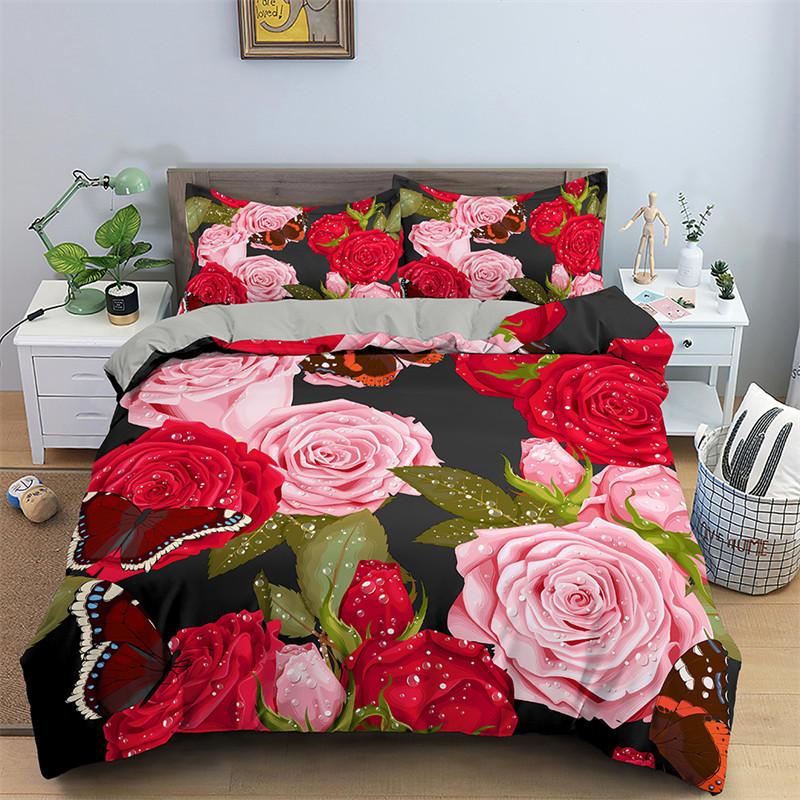 Rose Duvet Cover Set Pink Heart Rose Romantic Flower Theme Bedding Set For Lovers Double Queen King Size Quilt Cover