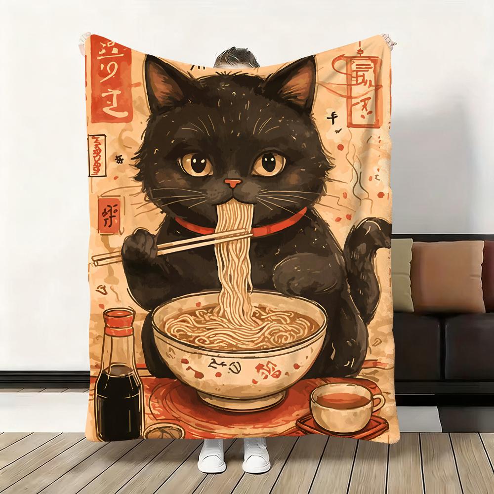 Black Cat Ramen Throw Soft Flannel Blanket Warm Knee Skin-Friendly Throw for Sofa Office Bed Traveling Winter Oversize