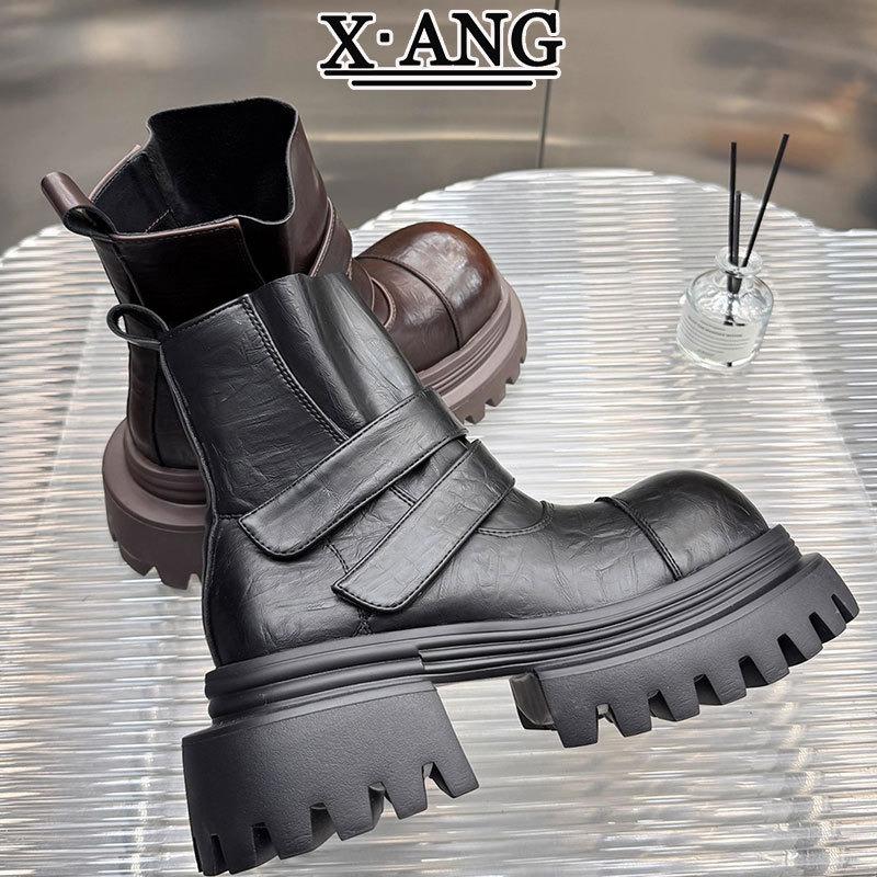 Leather Martin boots women's muffin thick sole heightening small thick heel short boots handsome locomotive boots Chelsea boots