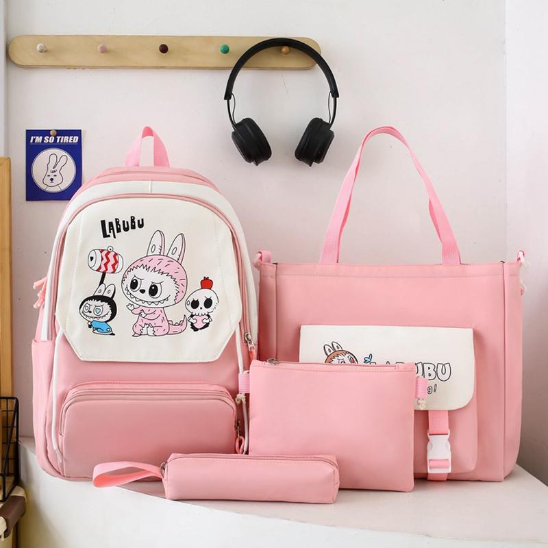 4-teilige Sets LABUBU Schulrucksack Niedlicher Cartoon Große Kapazität Schüler Klassentasche Junior High School Schüler Schultasche Rucksack mit hohem Wert CLE