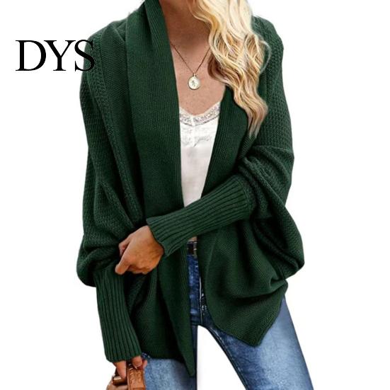 Women Cardigan Coat Collarless Batwing Long Sleeve Open Front Knitting Layering Jacket Elastic Cuffs Solid Color Loose Fit Knitted