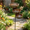 Metal Bird Bath Rustic Vintage Rain Catcher Garden Stake with 3-Tiered Bath Bowls Outdoor Bee Watering Station for Outside