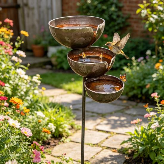 Metal Bird Bath Rustic Vintage Rain Catcher Garden Stake with 3-Tiered Bath Bowls Outdoor Bee Watering Station for Outside