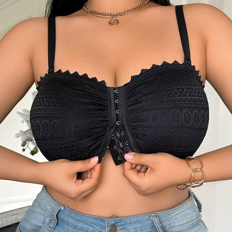 Biustonosz Damski Plus Size z Przodu na Zapięcie Czarny Koronkowy Biustonosz