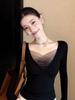 Korean Black Mesh V-Neck Long-Sleeve Women's Base Layer Top, Tight-Fit, Autumn/Winter