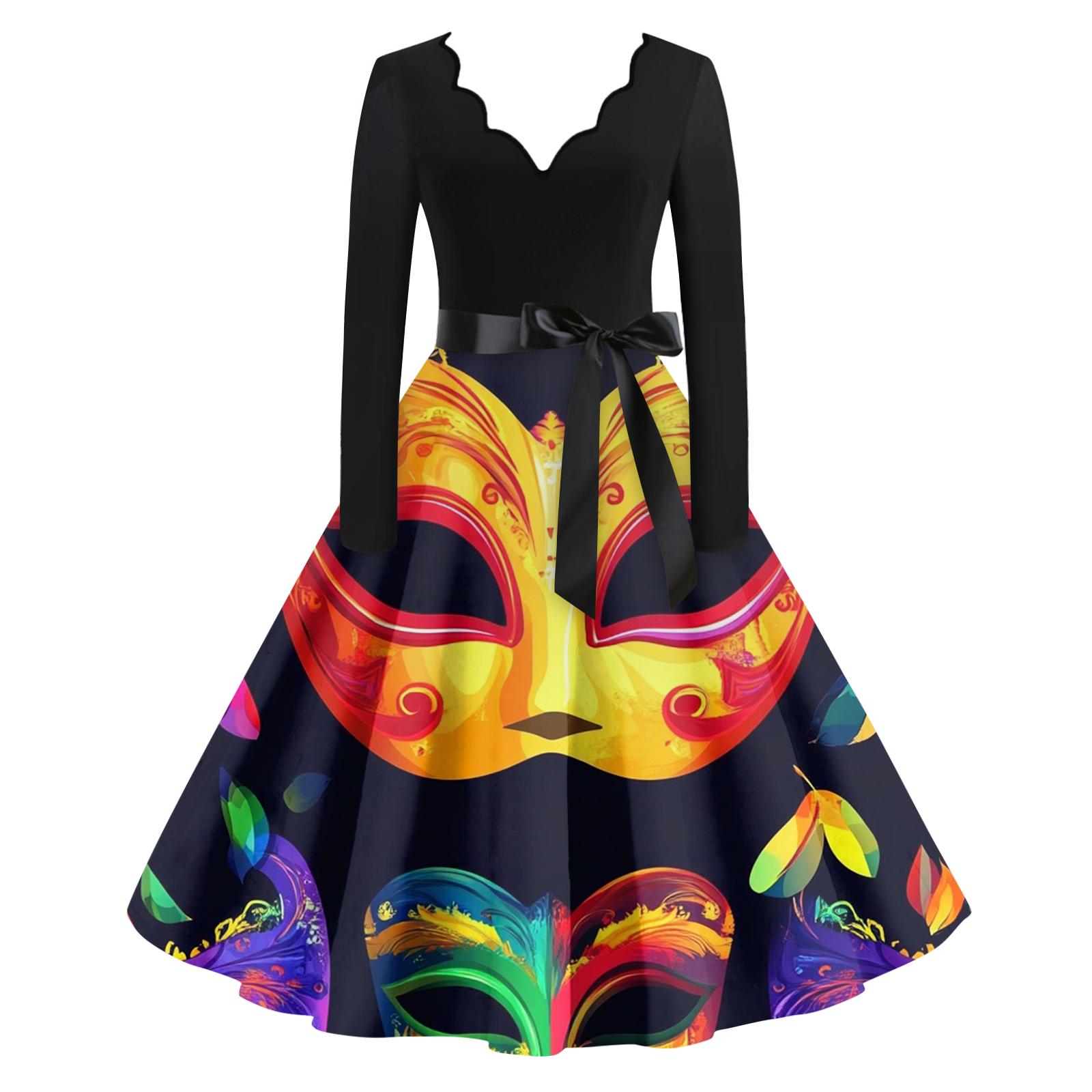 

Женское повседневное модное платье с V-образным вырезом и длинным рукавом с принтом в винтажном стиле XL