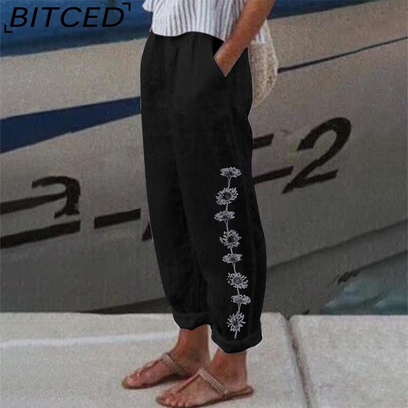 BITCED Fashion Popular Floral Print Harem Pants with Flower Pockets Mid Waist Trousers Streetwear