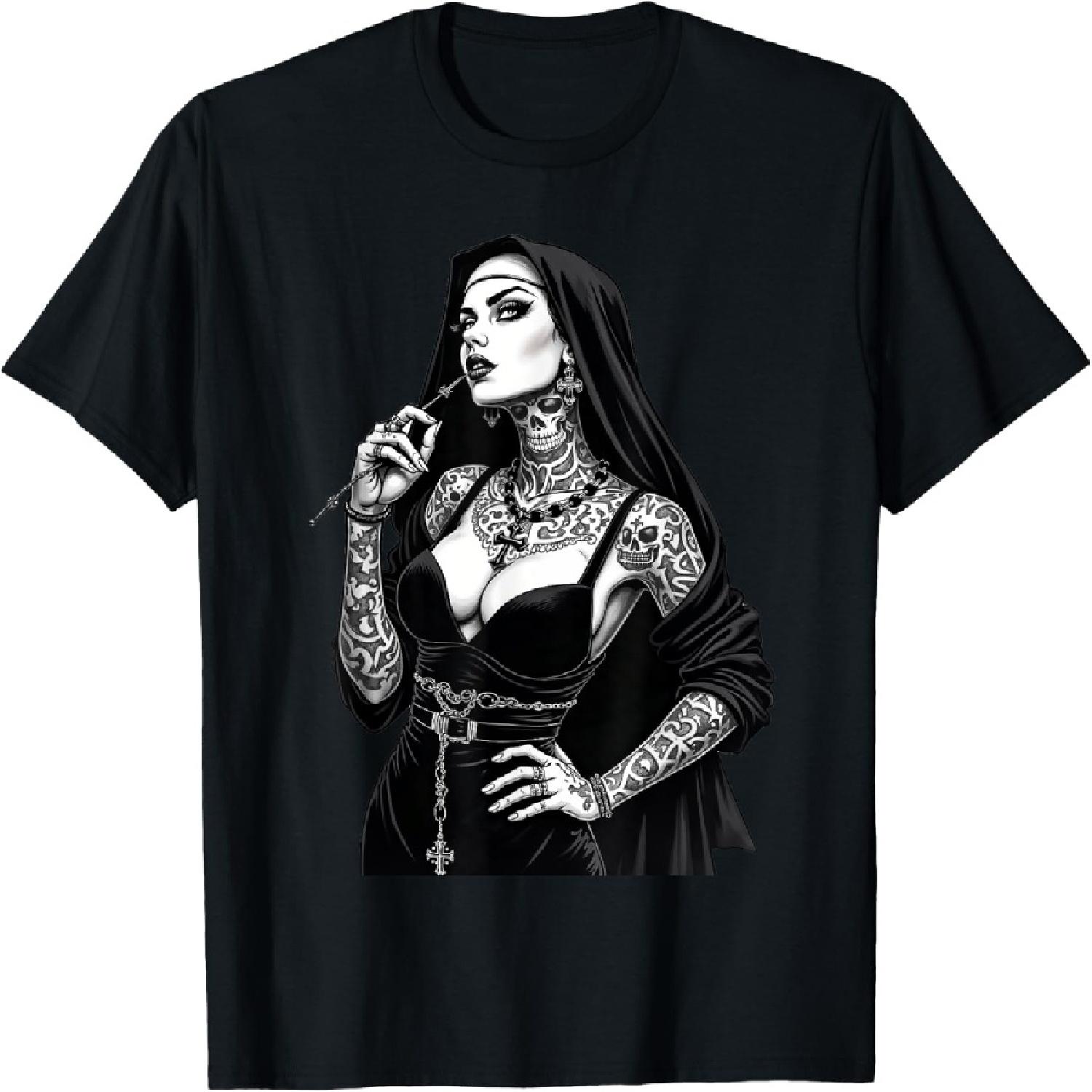 Fierce inked nun with snake and skull tattoo elements T-Shirt S