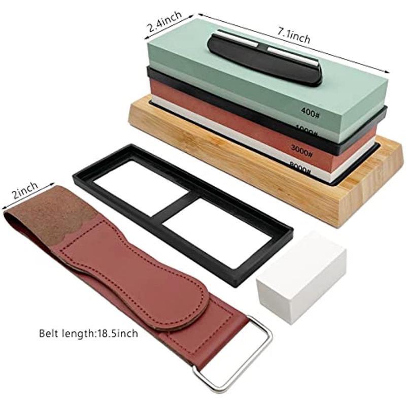 1Set Kitchen Knife Sharpening Stones Set Knife Sharpening Kit 400/1000 3000/8000 Grit Wet Stone Flattening Stone Angle Guide Leather Strop