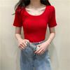 New Summer Round Neck Knitted Short Sleeve T-shirt Women Slim Fit Elastic Solid Casual Women's T Shirts Tops Fashion Elegant Simple Female Tee 26319