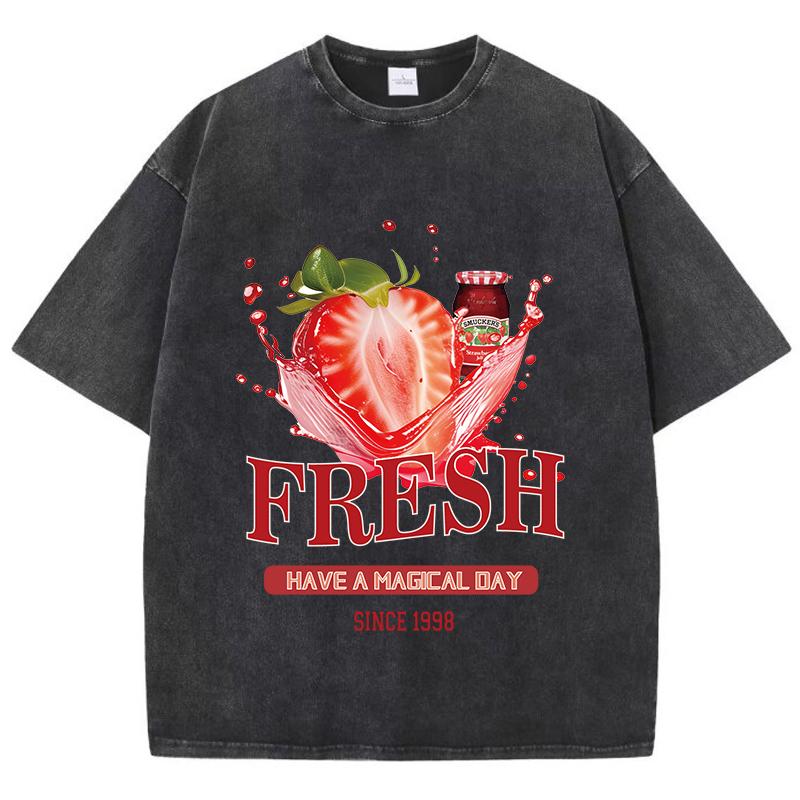 Cotton Womens Acid Wash T-Shirts Fresh Strawberriy Printing Tees Oversize Comfortable O-Neck Short Sleeve Casual Clothes