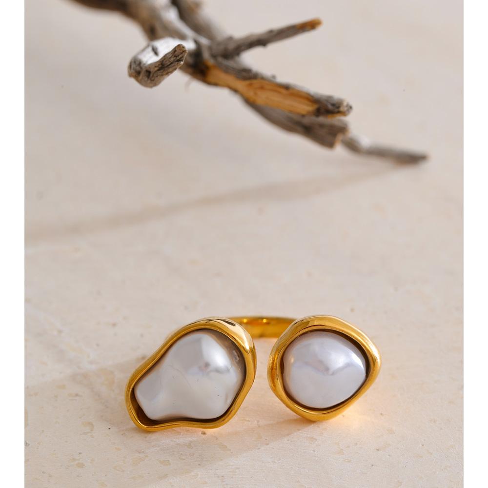 Yhpup Popular Baroque Imitation Pearls Golden PVD Open Ring Women Stainless Steel Rust Resistant Fashion Cast Finger Jewelry