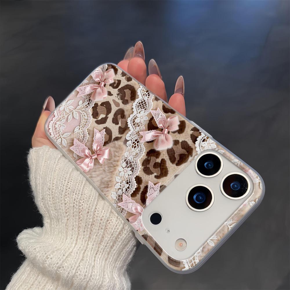 INS Lace leopard print bow Silicone Phone Case For iPhone 17 17Air iPhone 13 11 14 12 15 16 Pro Max Shockproof Soft Cover Funda