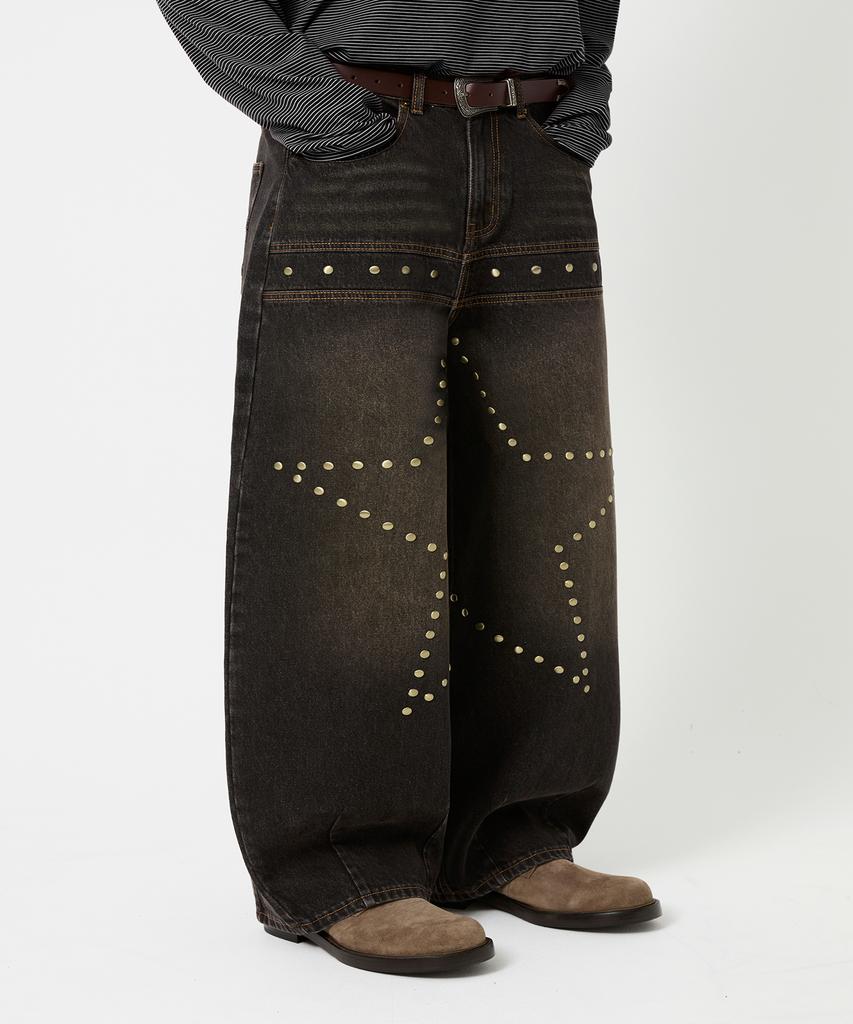 Trillion Star Hot Fix Balloon Fit Washed Denim Pants_3Color