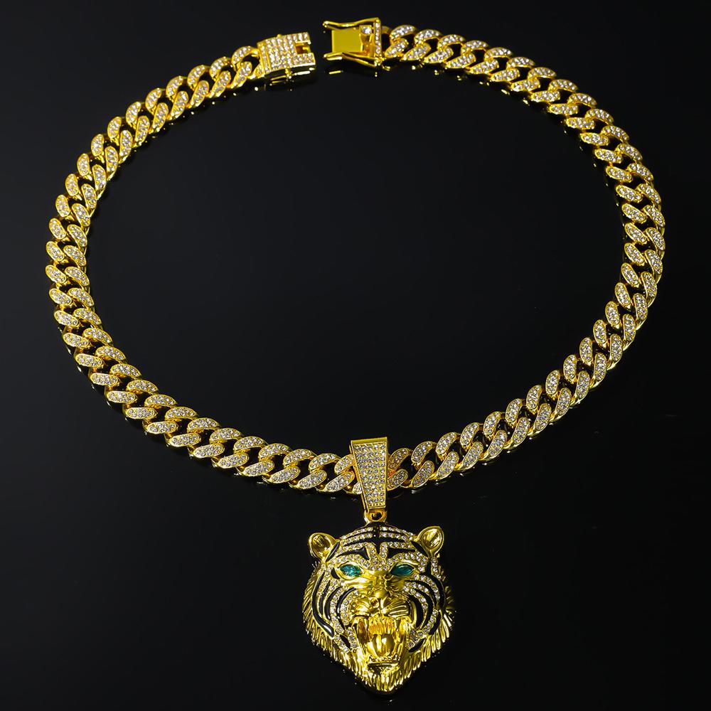 Men Hip Hop 3D Tiger Pendant Necklace with 13mm Crystal Cuban Chain Iced Out Bling Necklaces HipHop Women Fashion Charm Jewelry