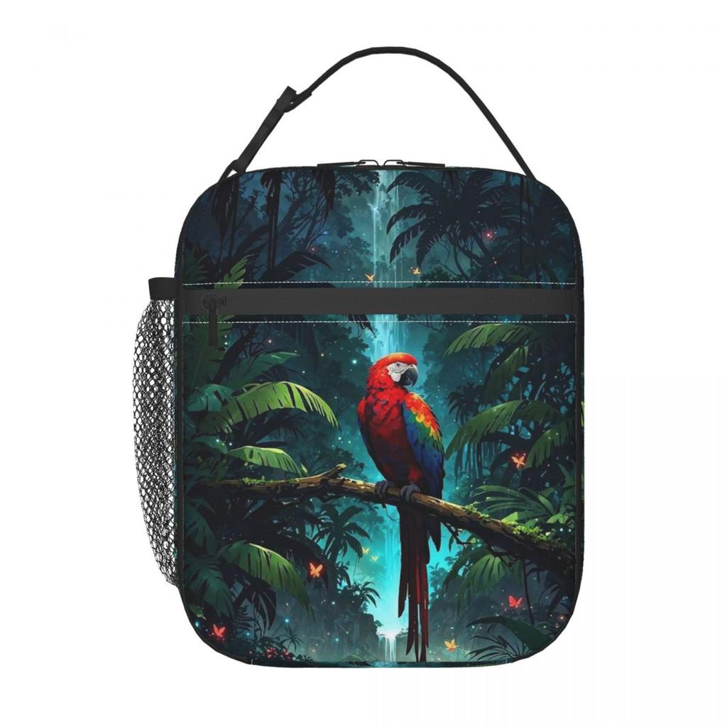 Tropisches A-Wald-Papageien-Design Isolierte Lunchtasche für Damen Kinder Tragbare Lebensmittelboxen Thermische Lunchbox Tragetasche